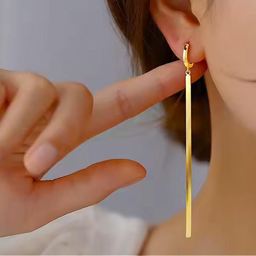 Gold Herringbone Dangle Earrings Hoop Clasp Closure Stainless Steel Gold Plated
